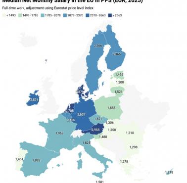 Mediana miesięcznego wynagrodzenia netto w UE w PPS (EUR, 2025)