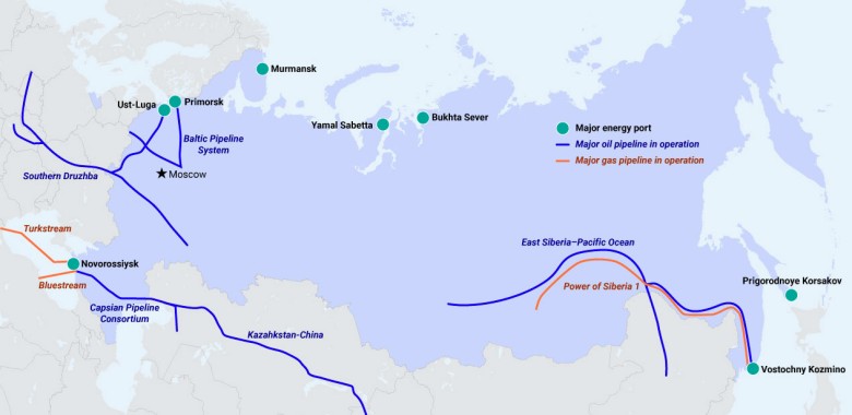 Główne porty energetyczne i rurociągi naftowe/gazowe w Rosji (CREA/EIA), prawdopodobnie 2016