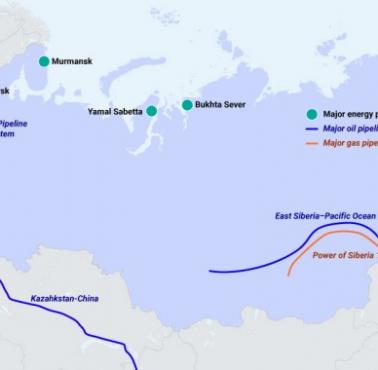 Główne porty energetyczne i rurociągi naftowe/gazowe w Rosji (CREA/EIA), prawdopodobnie 2016