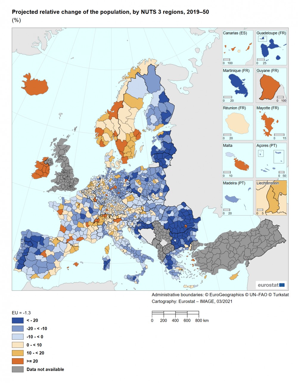 Prognozowana zmiana populacji w Unii (Europa) w latach 2019–2050. Widoczna depopulacja Europy Środkowej