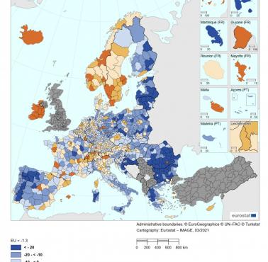 Prognozowana zmiana populacji w Unii (Europa) w latach 2019–2050. Widoczna depopulacja Europy Środkowej