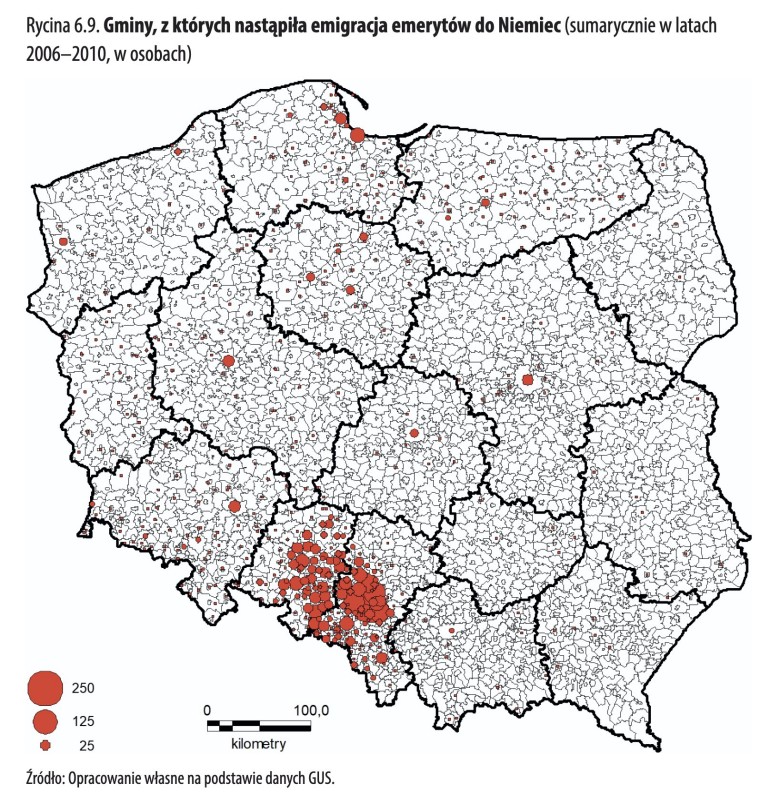 Emeryci przeprowadzający się z Polski do Niemiec według gmin w latach 2006-2010