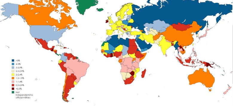 Wydatki na wojsko jako odsetek PKB na całym świecie, 2025
