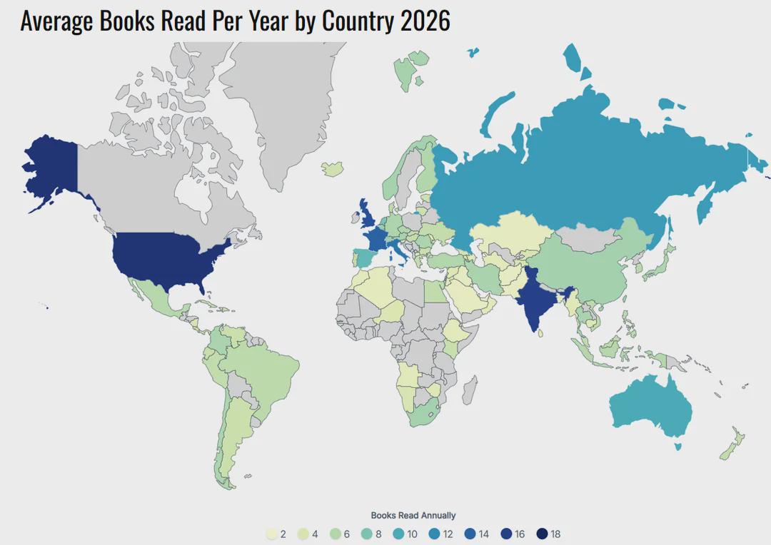 Kraje według średniej liczby książek przeczytanych przez 1 osobę rocznie na świecie, 2026