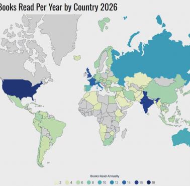 Kraje według średniej liczby książek przeczytanych przez 1 osobę rocznie na świecie, 2026