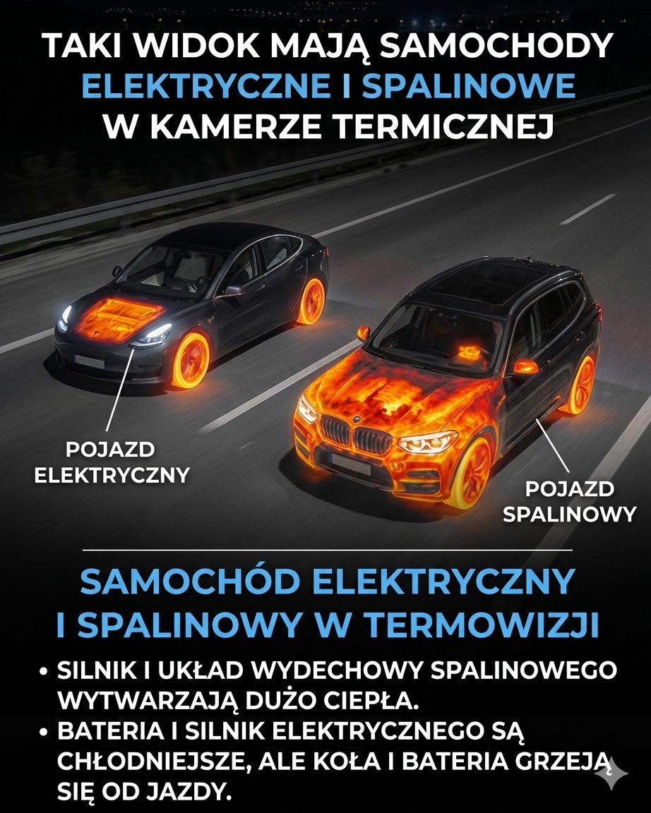 Samochody spalinowe (kopciuchy) i samochody elektryczne w kamerze termowizyjnej