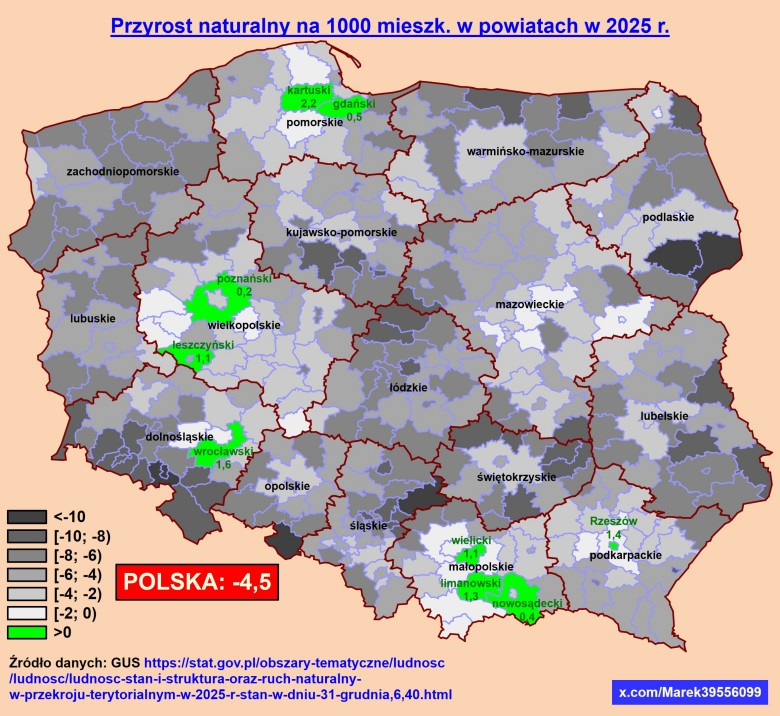 Przyrost naturalny w Polsce z podziałem na powiaty na 1000 mieszkańców, 2025