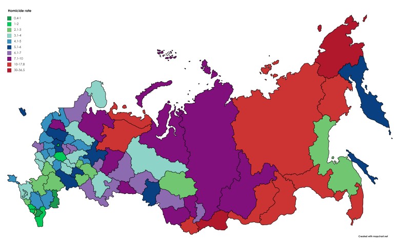 Wskaźnik zabójstw w poszczególnych regionach federalnych Rosji, 2019