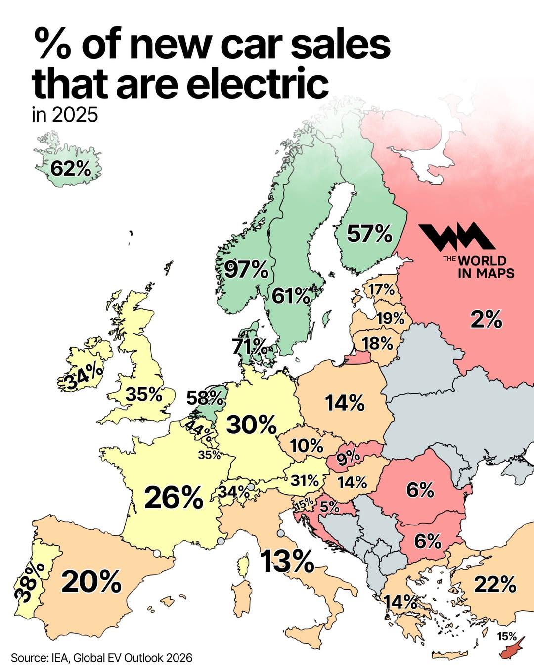 Odsetek sprzedaży nowych samochodów elektrycznych w Europie w 2025
