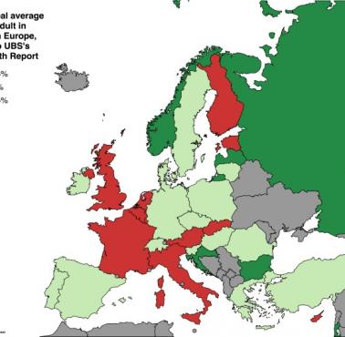 Rzeczywisty średni wzrost majątku przypadający na osobę dorosłą w ​​latach 2020–2025 w Europie, UBS Global Wealth Report