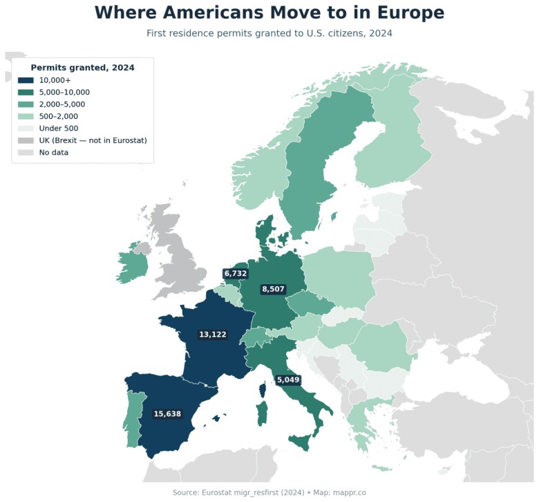 Dokąd Amerykanie przeprowadzają się w Europie (pierwsze zezwolenia na pobyt przyznane obywatelom USA, 2024 r.)