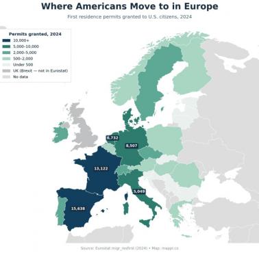 Dokąd Amerykanie przeprowadzają się w Europie (pierwsze zezwolenia na pobyt przyznane obywatelom USA, 2024 r.)