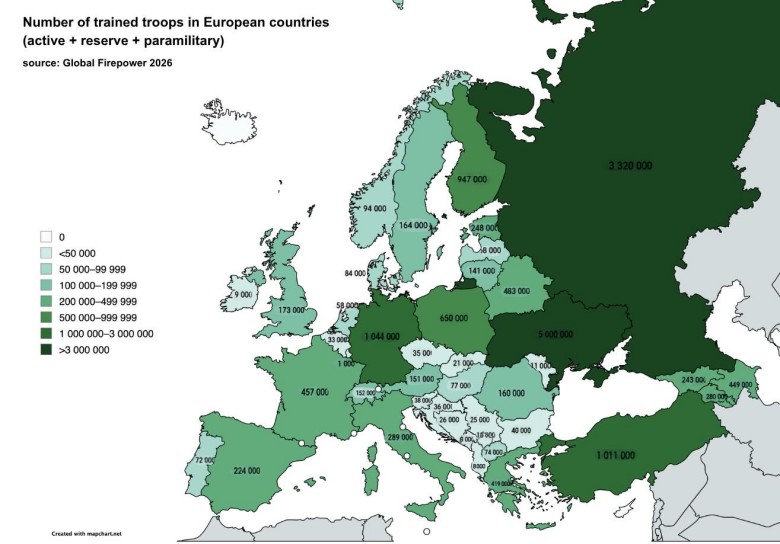 Liczba przeszkolonych żołnierzy w poszczególnych krajach Europy, 2026