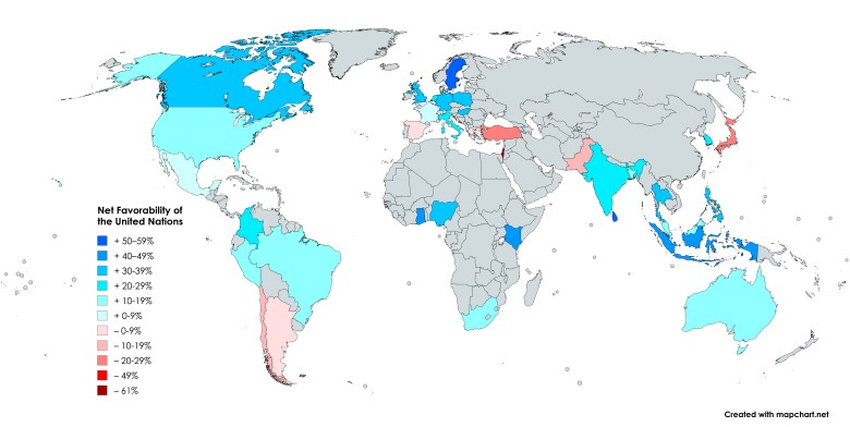 Ocena netto ONZ na świecie, Pew Research, 2026