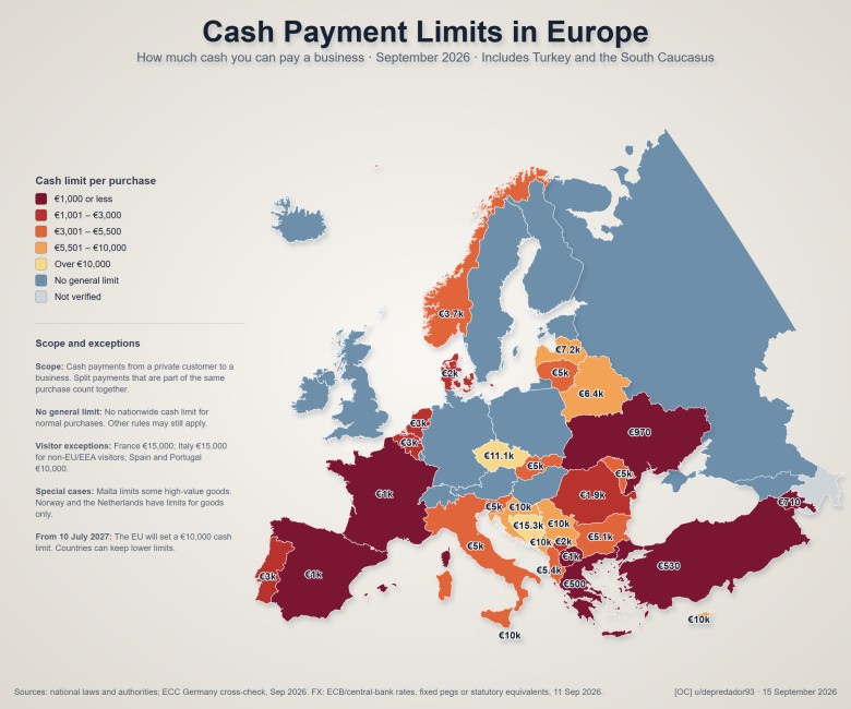 Limity płatności gotówkowych w Europie, 2026