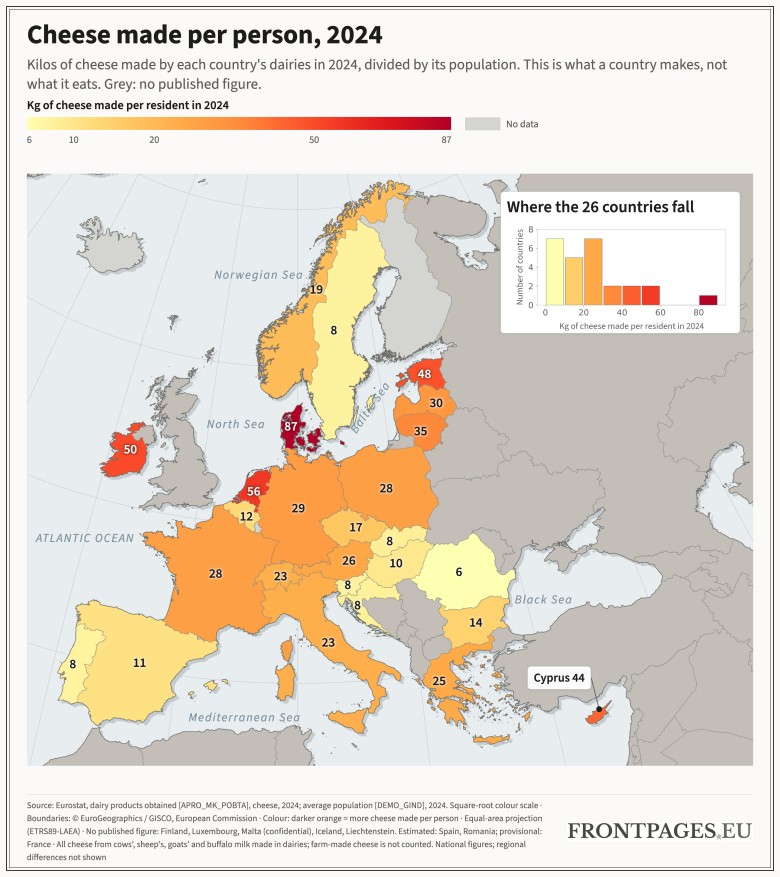 Ilość sera wyprodukowanego na osobę w Unii, Norwegii i Szwajcarii, 2024 r.