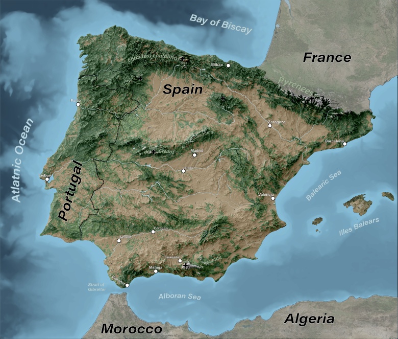 Reliefowa mapa Półwyspu Iberyjskiego, Hiszpania, Portugalia