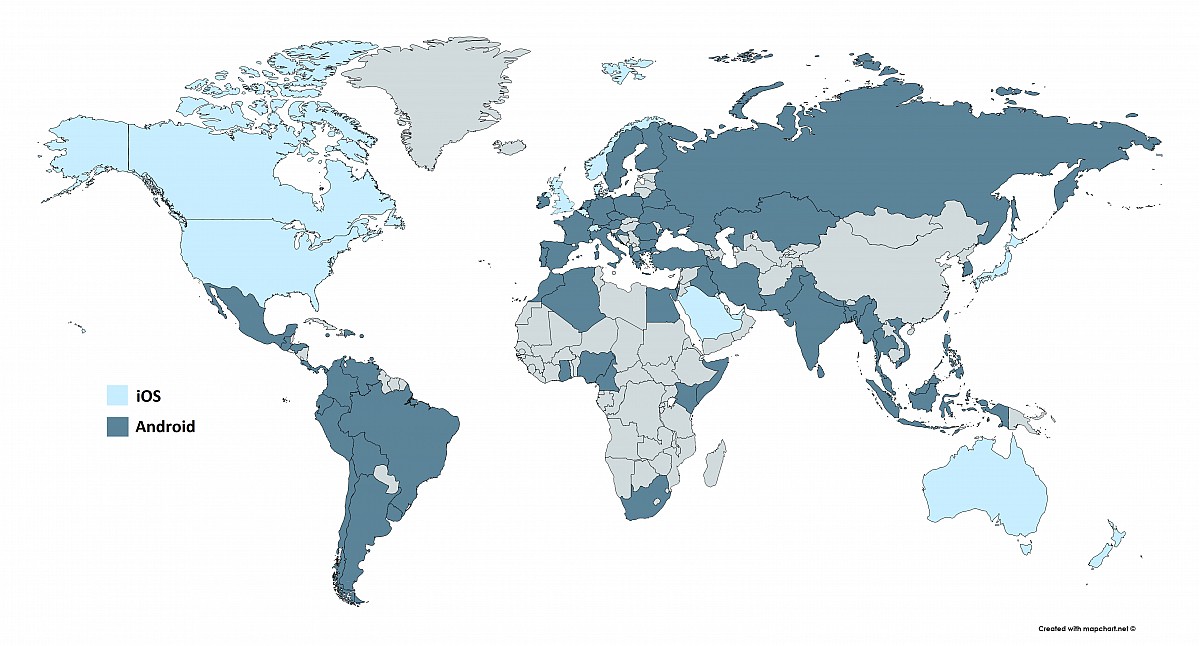 Globalny udział Androida i iOS, 2019