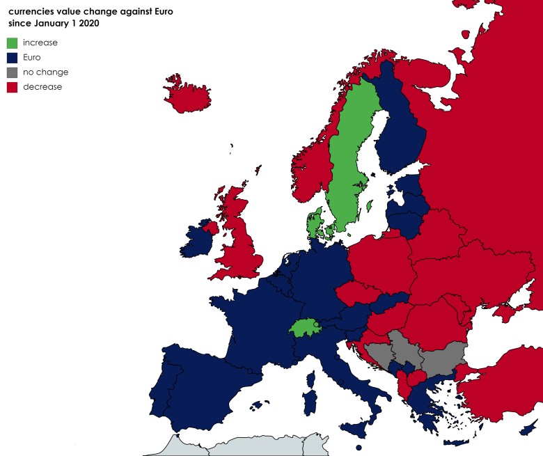Zmiana wartości walut poszczególnych krajów Europy w stosunku do euro od 1 stycznia 2020 roku