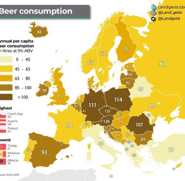 Konsumpcja piwa w Europie na głowę mieszkańca, 2019