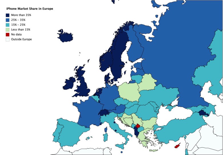 Udział w rynku Apple iPhone'a w Europie, 2020