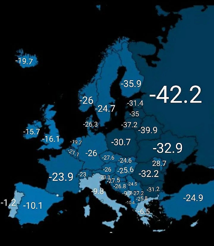 Najniższa odnotowana temperatura w poszczególnych europejskich stolicach