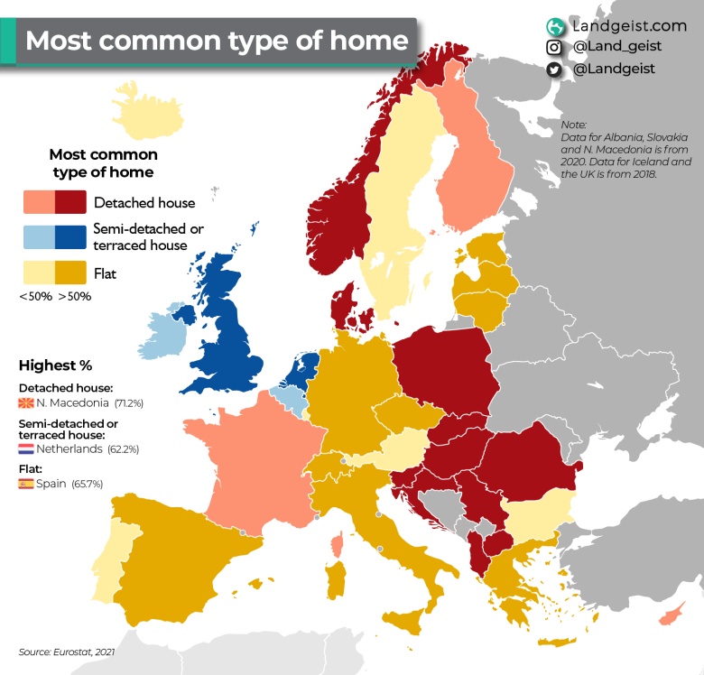 Odsetek ludzi mieszkających w mieszkaniach i domach w poszczególnych państwach Europy, 2021