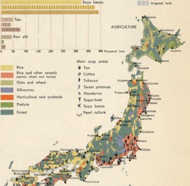 Rolnicza mapa Japonii (agrokultura), produkcja zbóż, trzody, lata 60-te, 1967