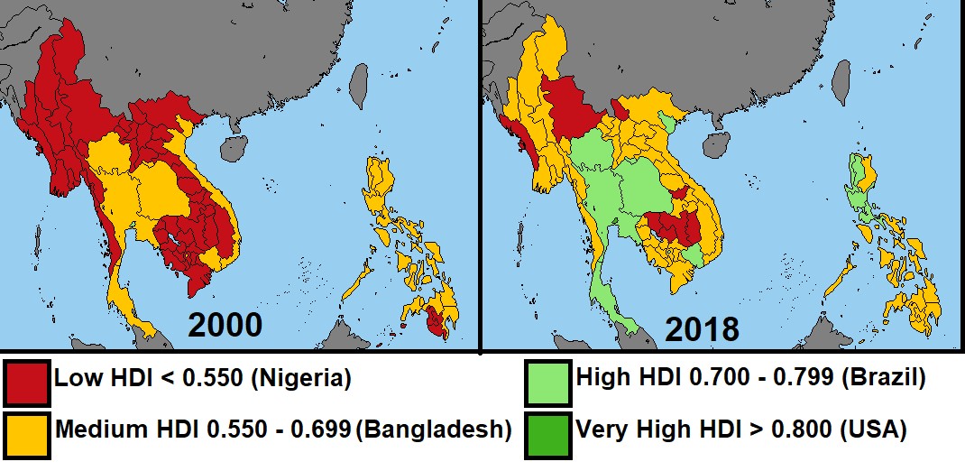 Wskaźnik rozwoju społecznego HDI (od ang. Human Development Index) Azji Południowo-Wschodniej, 2000 i 2018