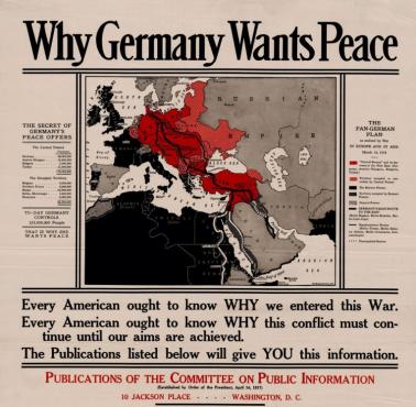 Mapka informacyjna dla Amerykanów, która opisuje cele Niemiec i USA podczas I wojny, marzec 1918