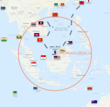 Najdalej wysunięte na południe terytorium Chin, jest bliżej 9 innych krajów niż wyspy Hainan w Chinach, James Shoal