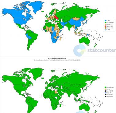 Najpopularniejsze przeglądarki w różnych krajach w latach 2012 i 2022