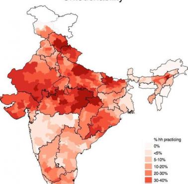 Kasty uprzywilejowane (dalitowie/niedotykalni) jako odsetek ludności każdego stanu Indii