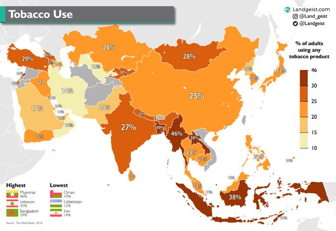 Konsumpcja tytoniu w Azji, 2018