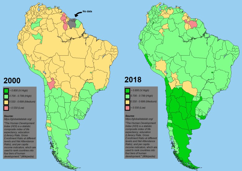 Wskaźnik rozwoju społecznego HDI (od ang. Human Development Index) Ameryki Południowej, 2000 i 2018