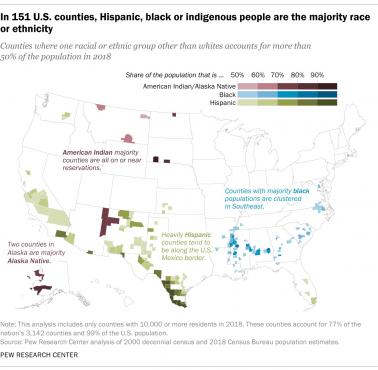Powiaty z dominacją mniejszości w USA, 2018 rok