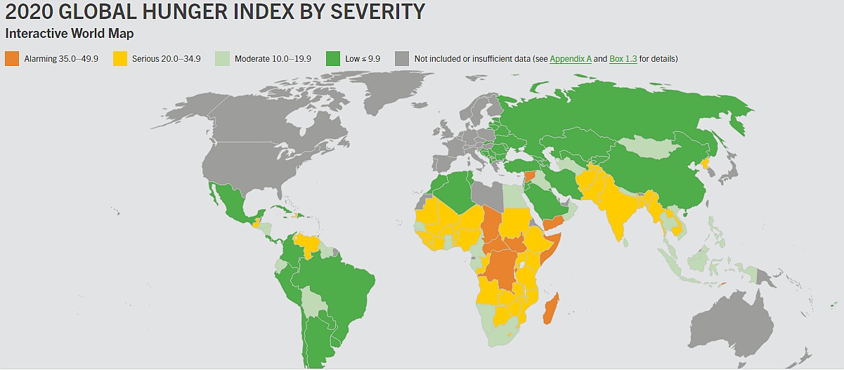 Mapa świata pokazująca dotkliwość głodu w populacji różnych krajów, 2020