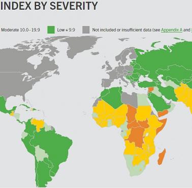 Mapa świata pokazująca dotkliwość głodu w populacji różnych krajów, 2020