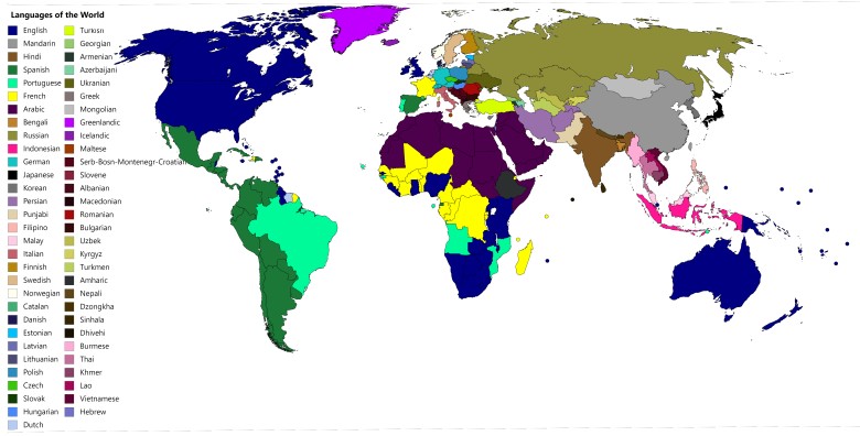 Mapa językowa (dominujący język). Najpopularniejszy język według kraju