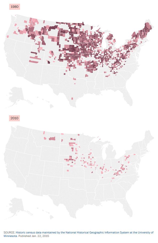 Powiaty w USA, gdzie biali stanowią ponad 98 proc. populacji (dane 1980, 2010)..