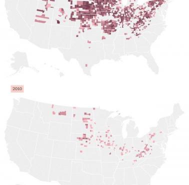 Powiaty w USA, gdzie biali stanowią ponad 98 proc. populacji (dane 1980, 2010)..