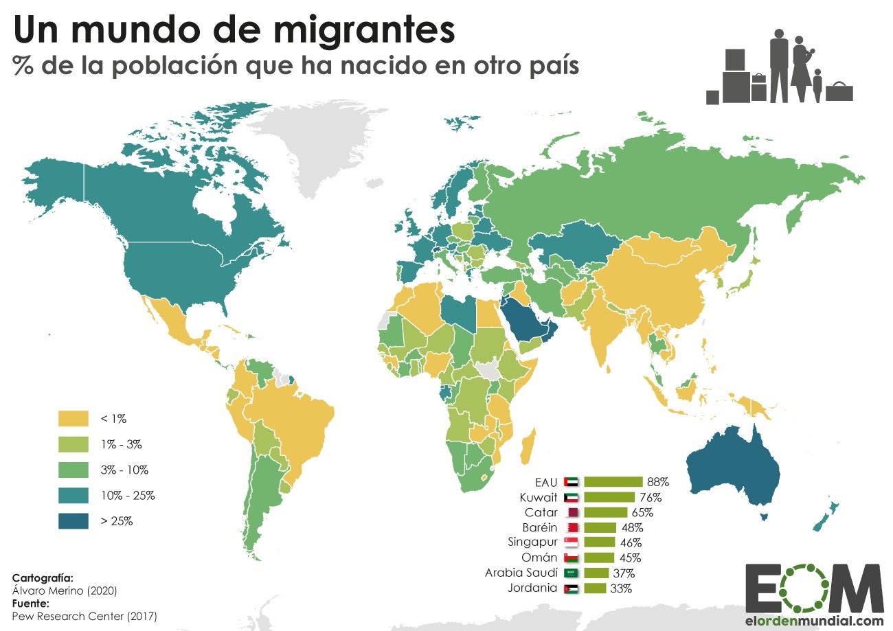 Odsetek populacji imigrantów w każdym kraju na świecie, 2017