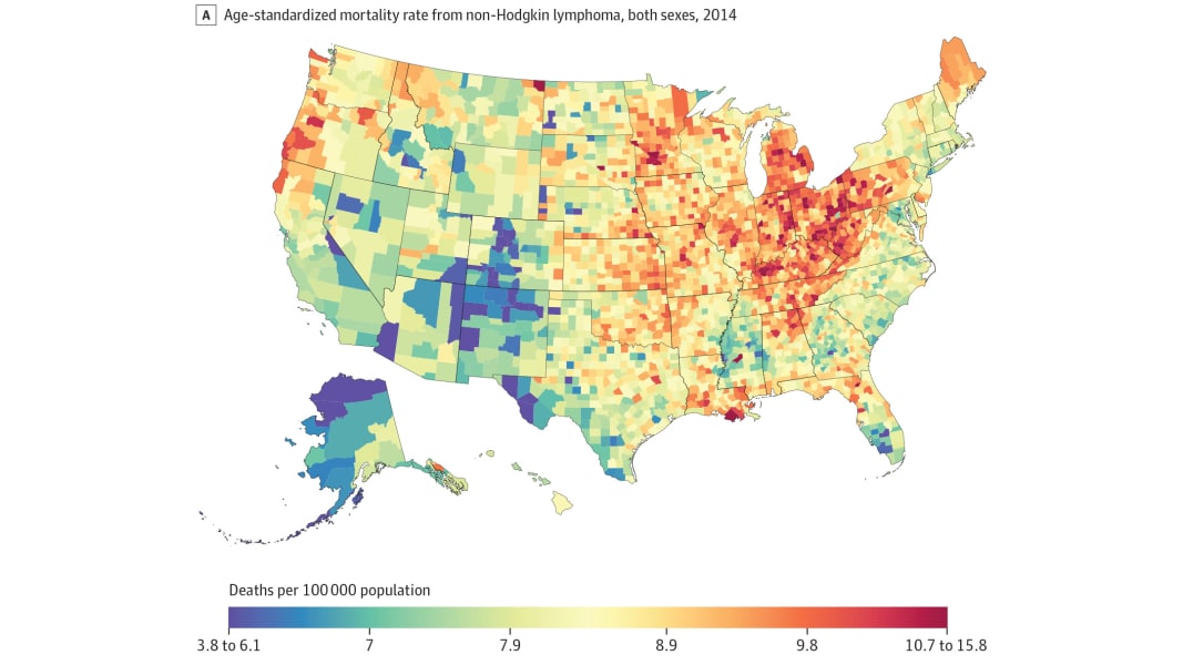 Mapa zdiagnozowanych (wykrytych) nowotworów w USA, 2014