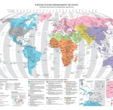 Mapa wszystkich placówek Departamentu Stanu USA na świecie, kwiecień 2021