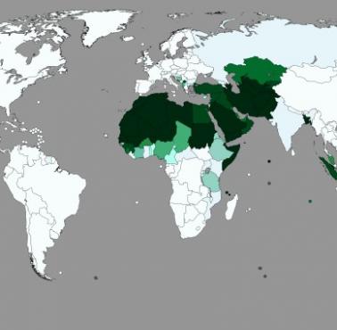 Odsetek (nominalnie) muzułmanów w poszczególnych krajach świata