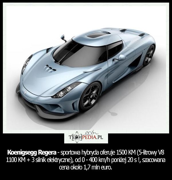 Koenigsegg Regera - sportowa hybryda oferuje 1500 KM (5-litrowy V8 1100 KM + 3 silnik elektryczne), od 0 - 400 km/h poniżej ....