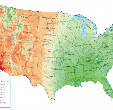Roczne średnie opady deszczu z podziałem na stany w USA
