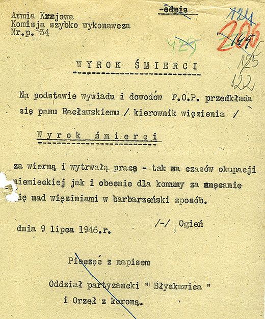 Wyrok śmierci wydany przez mjr Józefa Kurasia Ognia na kolaborancie i mordercy