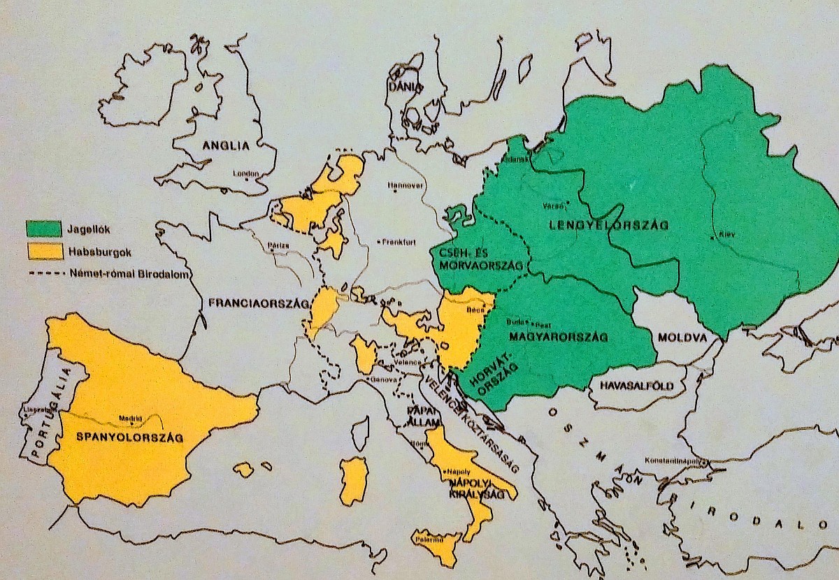 Mapa Europy z 1498 r. z obszarem rządzonym przez dynastię Habsburgów i Jagiellonów