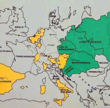 Mapa Europy z 1498 r. z obszarem rządzonym przez dynastię Habsburgów i Jagiellonów